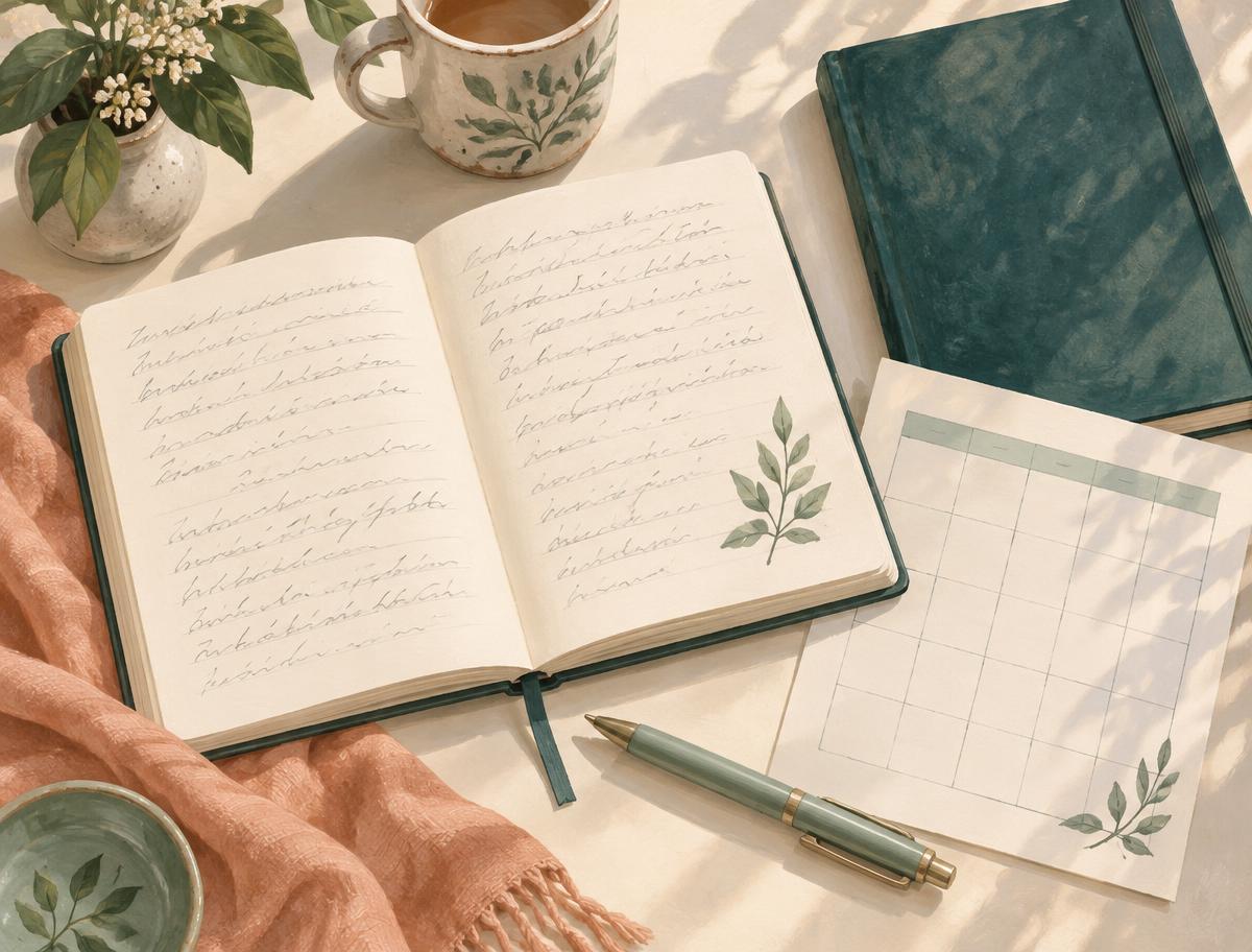 Editorial illustration of a journal, handwritten-style notes and blank schedule grid, not a real patient document